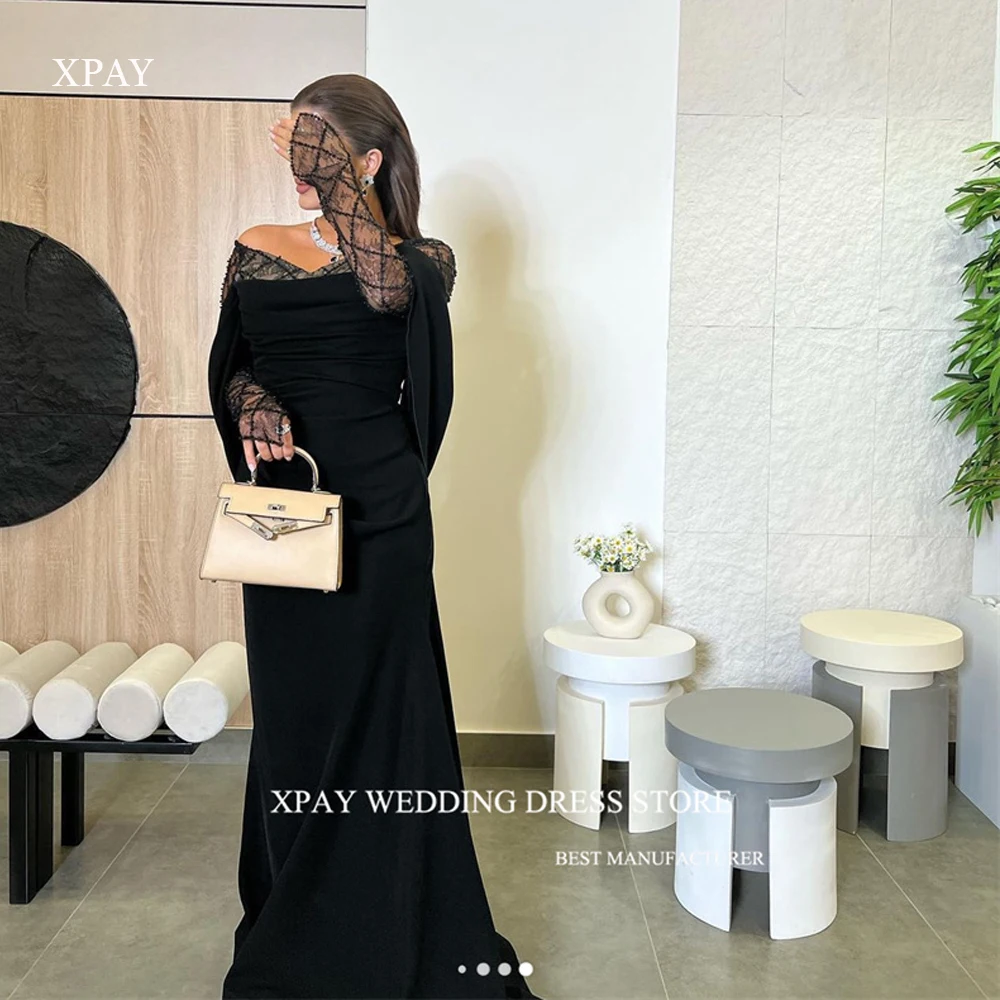 XPAY Saudi Arabic Women Black Mermaid Evening Dresses Formal Party Dress 2024 Women Long Sleeves Special Occasion Dress Vestidos