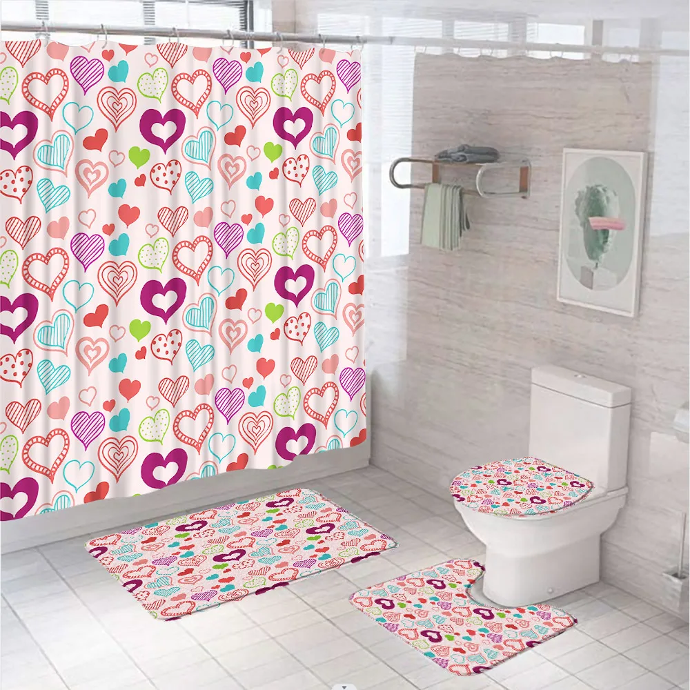 

4Pcs Shower Curtain Sets Sweet Love Heart Valentine's Day Waterproof Bathroom Curtains Non-Slip Rugs Bath Mats Toilet Lid Covers