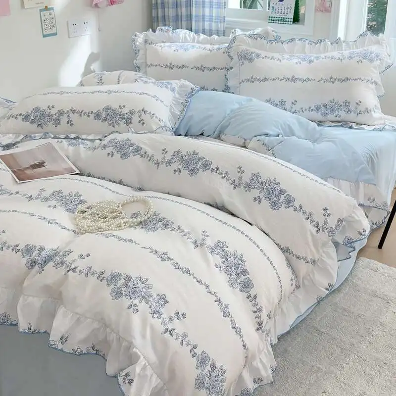 4Pcs Korean Lace Duvet (1*Duvet Cover +1 Flat Sheet + 2*Pillowcase, Without Core), Fresh Wer Print Bedding Set