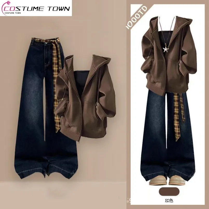 

Casual Ladies in the Spring and Autumn New Meilad Top Jacket Look Slim and Wide Leg Jeans Two-piece Set