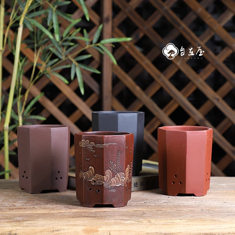 Hexagon Purple Sand Vase for Plants, Crude Pottery,Plants Pot, Table Vase, Breathable Garden, Home Decoration