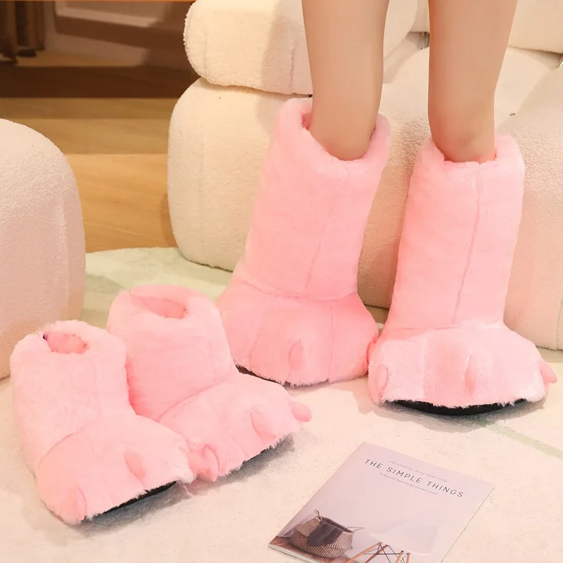 Women 2025 Winter High-top Floor Boots Plush Bear Paw Cotton Shoes Gag With Home Slippers Floor Warm Slippers Floor Cotton Shoes