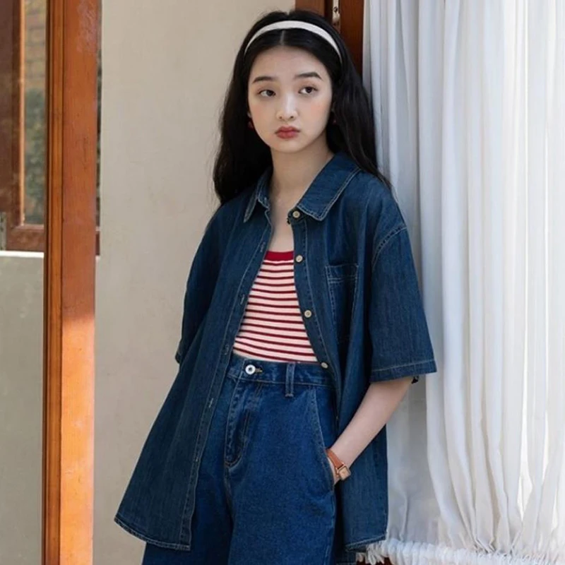 Rimocy Korean Style Short Sleeve Denim Blouse Women Summer Button Up Jean Shirts Woman Vintage Pocket Loose T Shirts Ladies