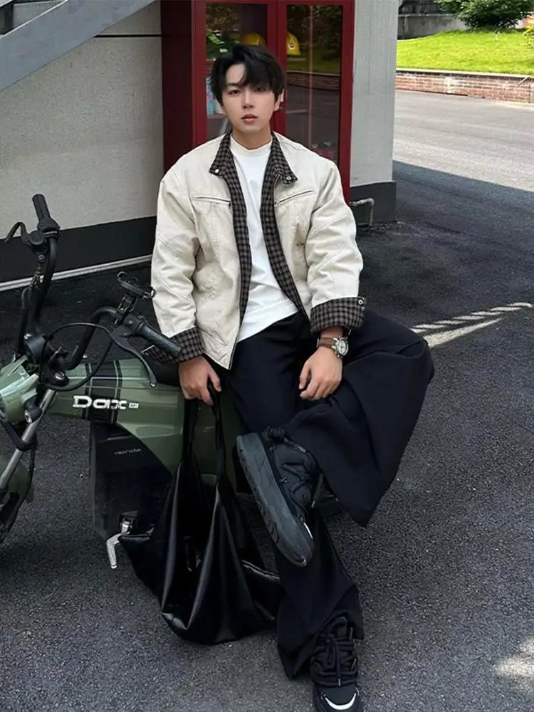 

American Plaid Splicing Heavyweight Stand Collar Workwear Jaet Men's Autumn Cleanfit High-End Pure Cotton Outerwear