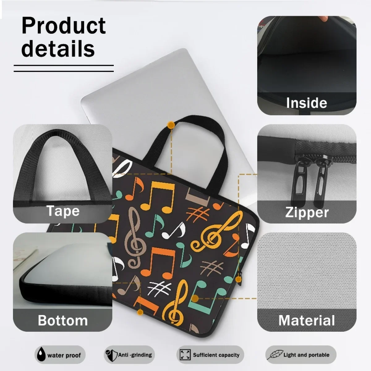 Notebook PC Cover Musical Note Pattern Design Tablet Bag Casual Portable Shoulder Handbag Briefcase Bag For 10 12 13 15 17 inch