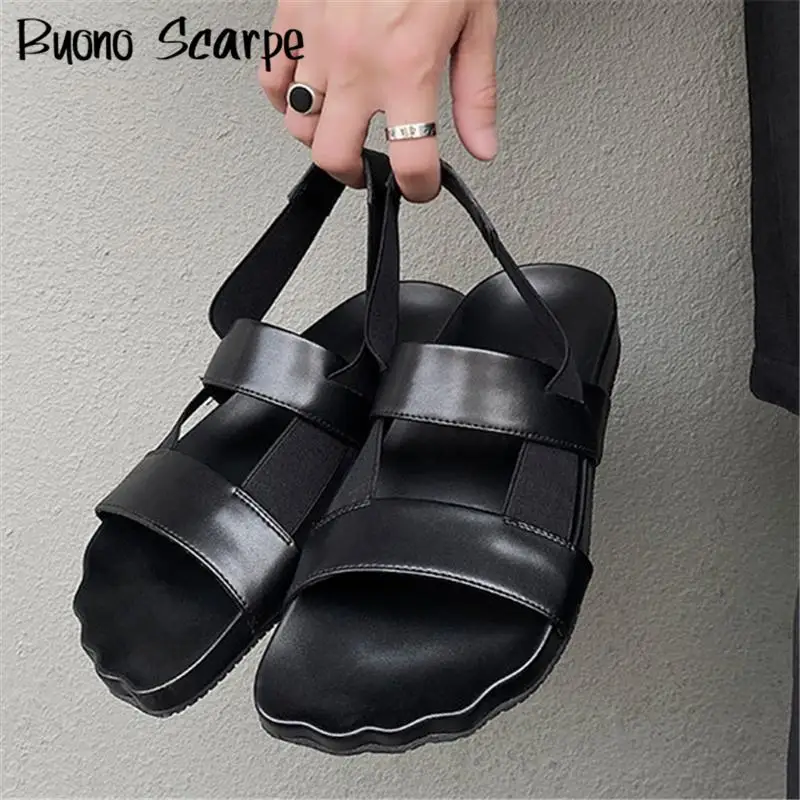 

Мужские сандалии унисекс из натуральной кожи в западном стиле с круглым носком и толстой подошвой, однотонные модные летние пляжные повседневные туфли без шнуровки