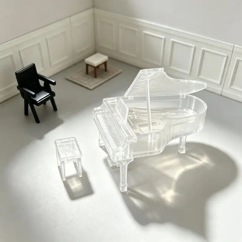 Transparentes Miniatur-Klavierstuhl-Ornament-Set im Maßstab 1/12, Puppenhaus-Simulationsmodell für Puppenhaus-Dekoration und Geschenke – Detail 5