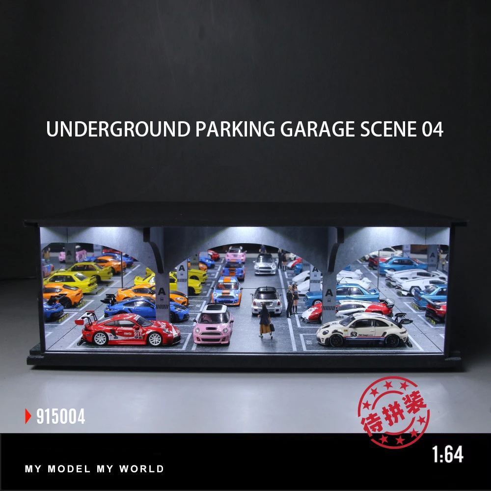 1:64 Scale Underground Garage Diorama with LED Lights, Assembly Model Realistic Scene for Diecast Car Display & Home Decoration