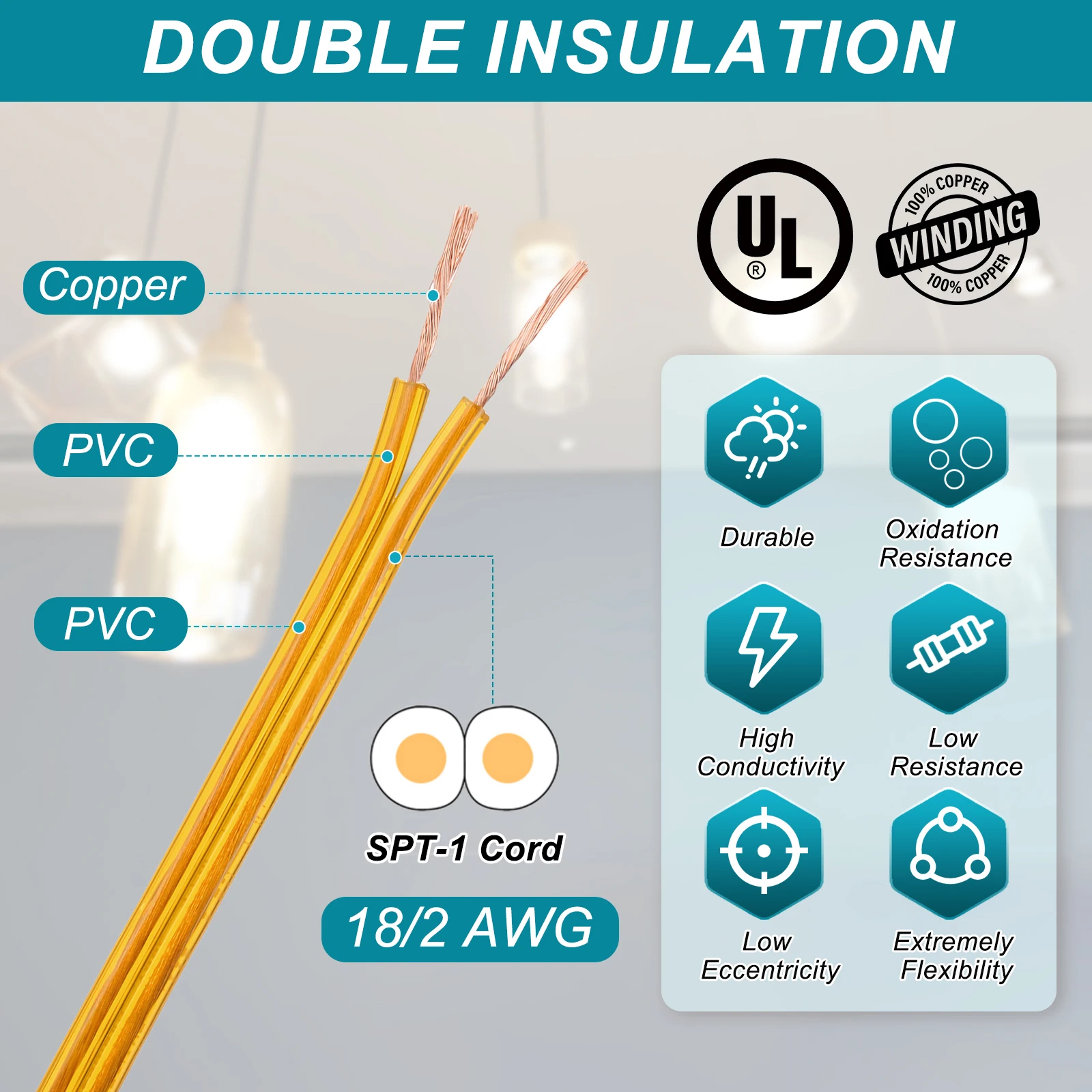 4.6-61m 2x18AWG PVC Covered Parallel Wire 300V SPT-1 Lamp Cord Insulated Heat Resistant Electronical Flexible Cable for LED Lamp