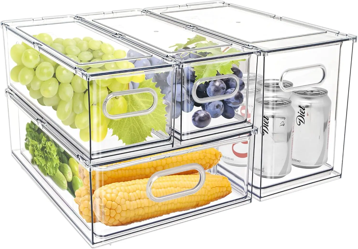 Fridge Drawer Pull Out Stackable Bins with Handle Clear Refrigerator Drawers Organizer Food Storage Container Box with Dividers