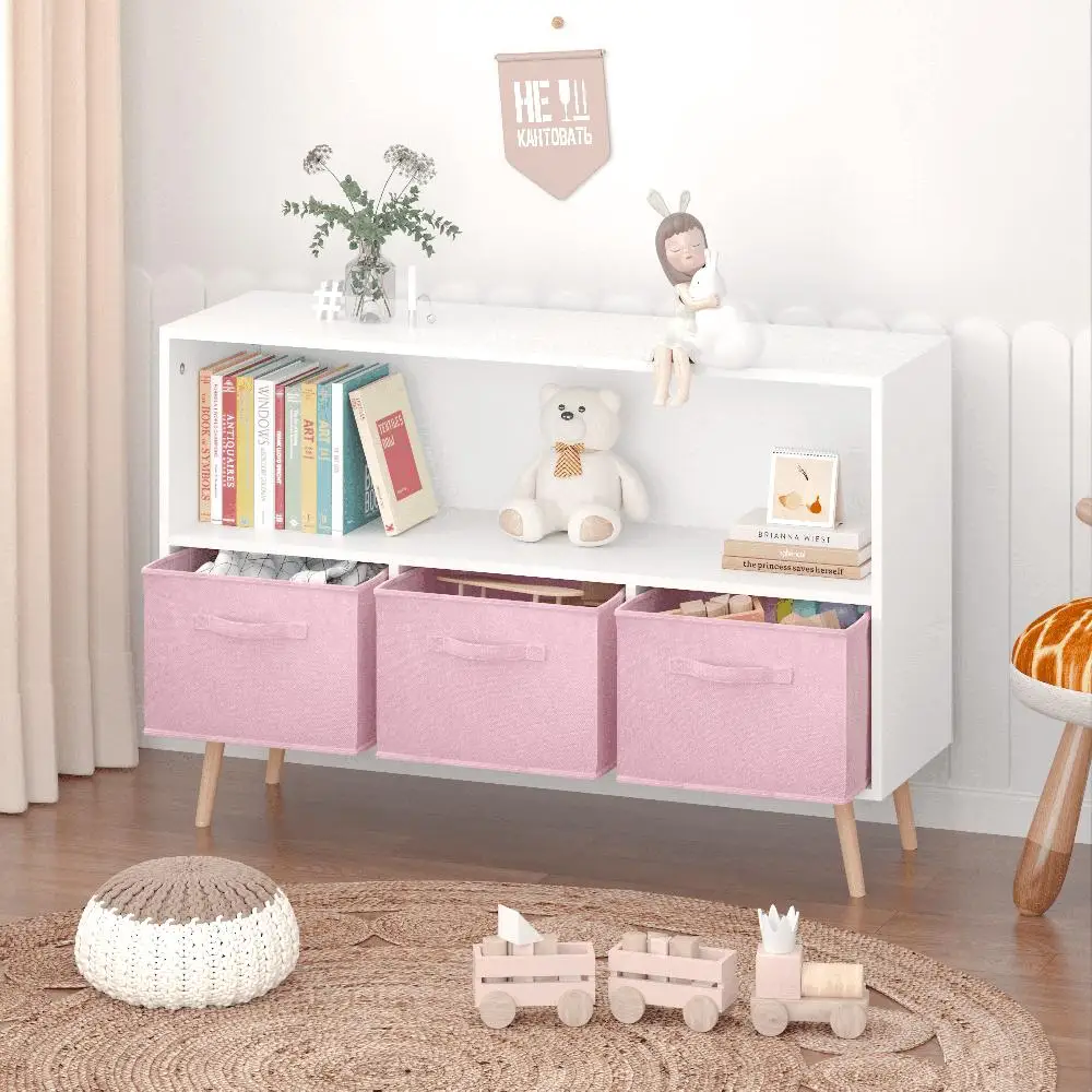

Kid's Modern Bookshelf Toy Storage Cubby with Fabric Drawers Children's Book Display Organizer Easy Setup White/Pink Safe Wall