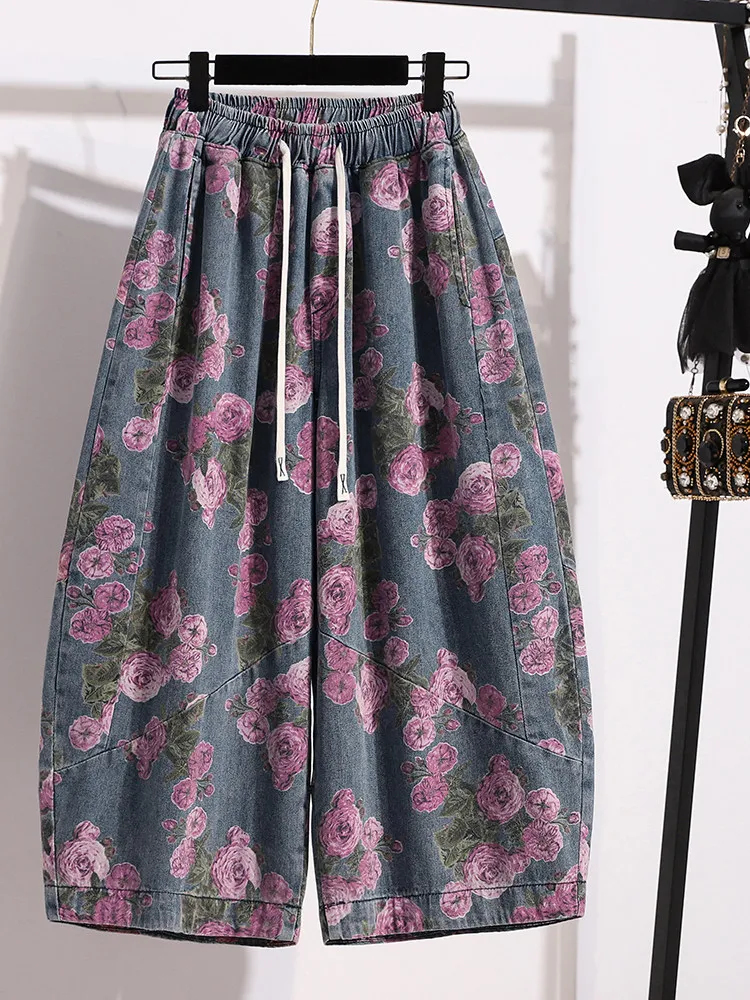 Women's Vintage Floral Print Denim Wide Leg Capri Pants, Loose Fit Summer Casual Streetwear Trousers