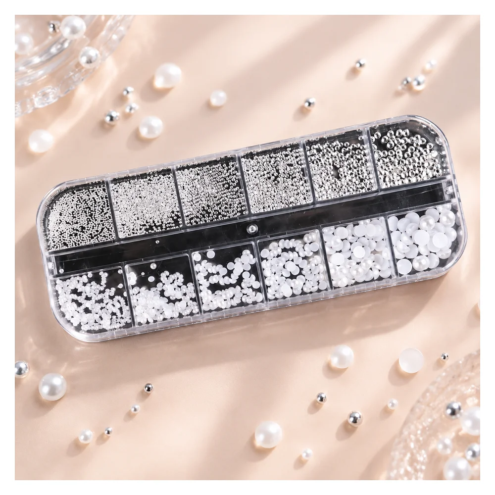 12 Grids White Half Round Pearl Nail Art Decoration Mixed Size Silver Gold Mini Steel Ball Rivet Rhinestone Nail Accessories