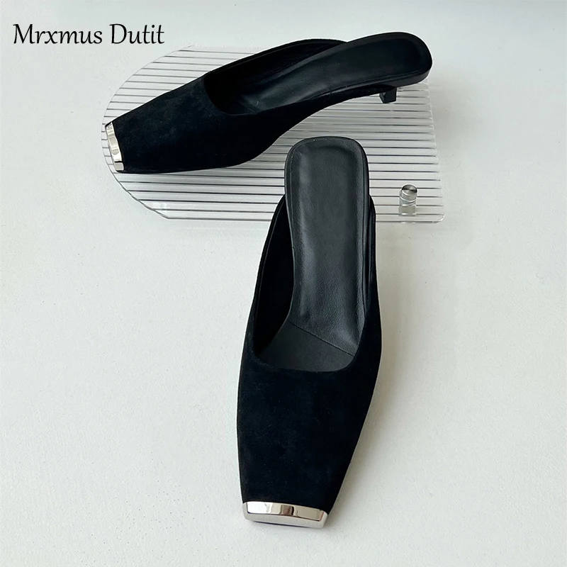 Mrxmus Dutit 2023 New Spring Summer Fashion Genuine Leather Flat Square Head Shoe Sandals Women Elegant Simple Ballet Shoes