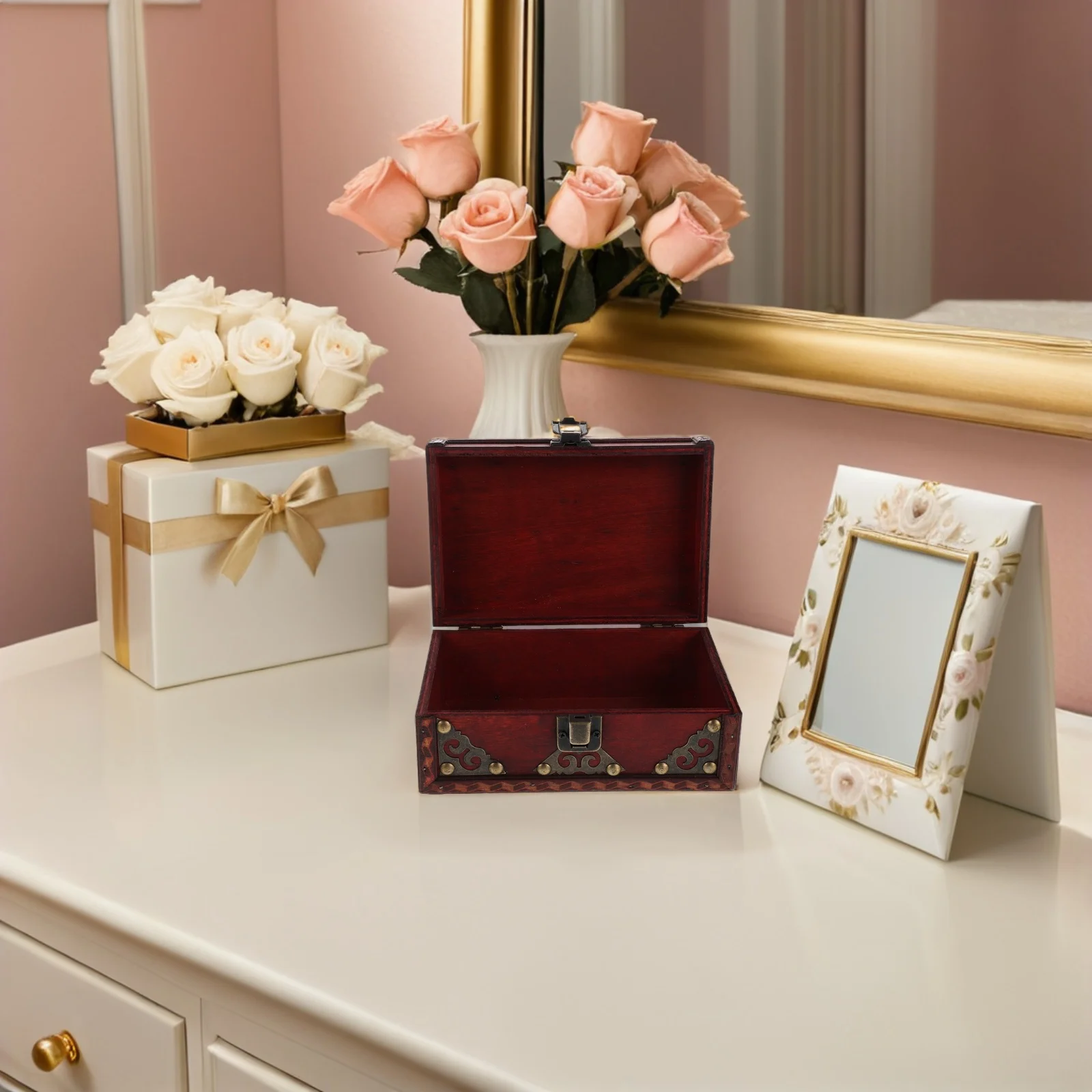 

Vintage Wooden Jewelry Box Large Retro Storage Case For Earrings Necklaces Rings Portable Treasure Chest Gift For Women