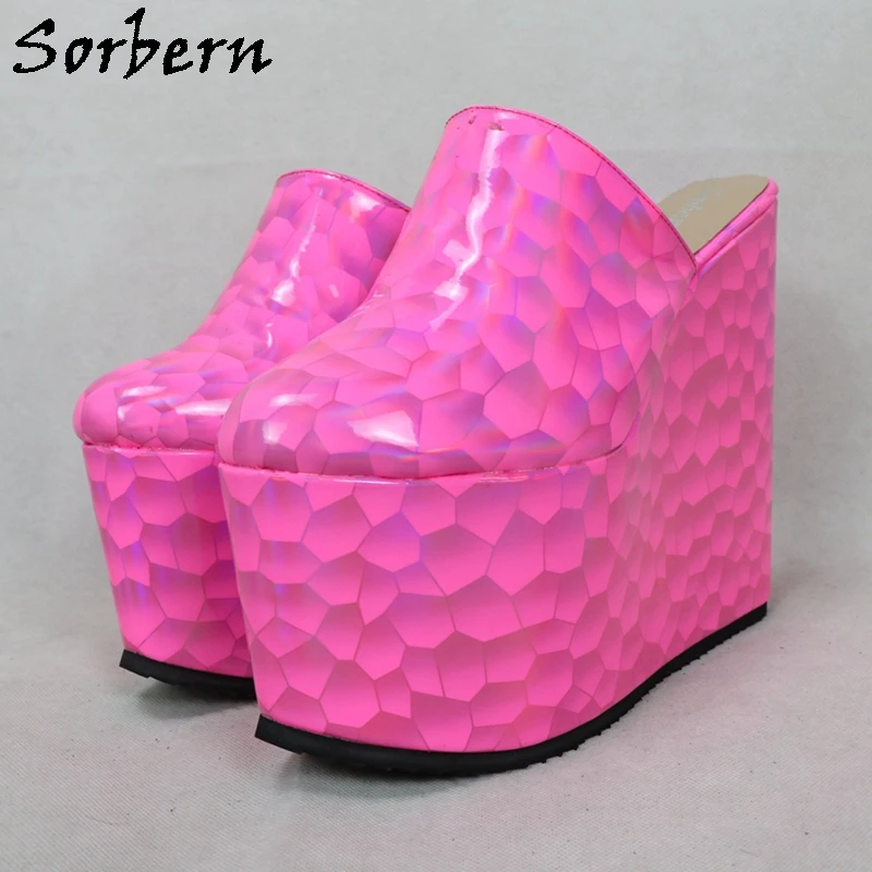 

Sorbern Hot Pink honeycomb Wedges Mules Pumps Women 18cm High Heel Visible Platform Shoes Slip On Shoes Custom Size 33-48