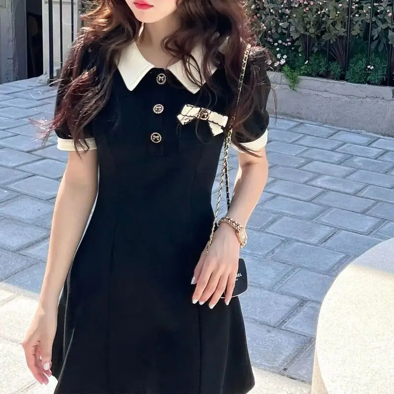 2024 Summer Women Sweet Bowknot Polo T Shirts Mini Dress Korean Preppy Style Lady Patchwork Slim Dresses Daily Joker Clothing