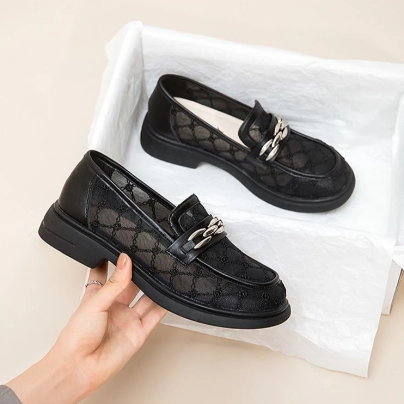 Women's Casual Flat Shoes 2026 Summer Mesh Breathable Loafers British Style Perforated Low-Top Lightweight for Daily Comfort