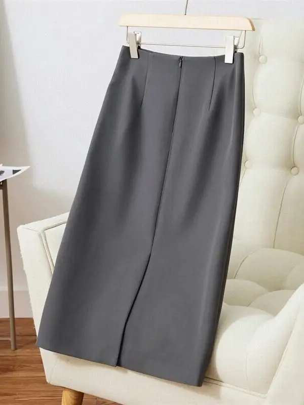 Summer Versatile Suit Skirt Midi Asymmetrical Hemline Draping Elegant Slimming Straight Cut Skirt Polyester Fiber mid Waist
