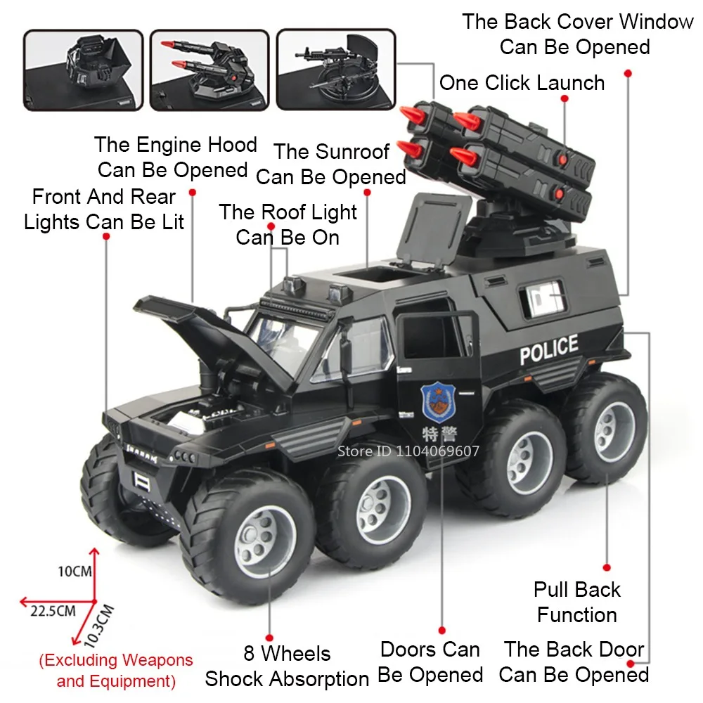 1:24 스케일 아브토로스 스피노사우루스 장갑차 모델 장난감 금속 다이캐스트 사운드 라이트 도어 오픈 풀백 어린이 선물용