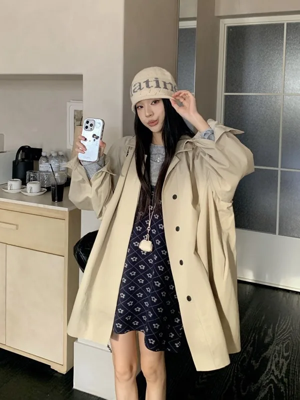 

plus Size Women's Khaki Windbreaker Jaet Autumn Winter New Sle Loose Versatile Mid-Length Top Trendy Commute Sle High W...