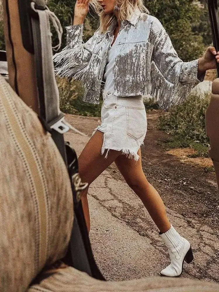 Automne nouvelles femmes gland paillettes veste fermeture éclair Streewear Rock rétro à manches longues argent réfléchissant manteau dame vêtements d'extérieur hauts