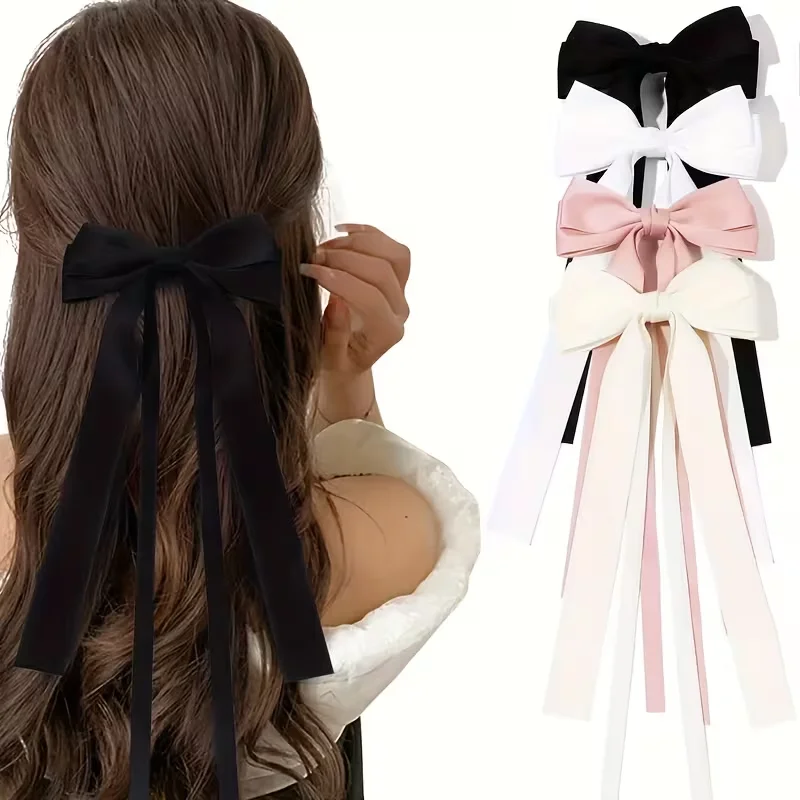 

Милые винтажные заколки для волос с бантиками, металлическими застежками и ленточными хвостиками - аксессуары для волос в розовом/бежевом/черном/белом цвете, элегантные винтажные заколки для волос