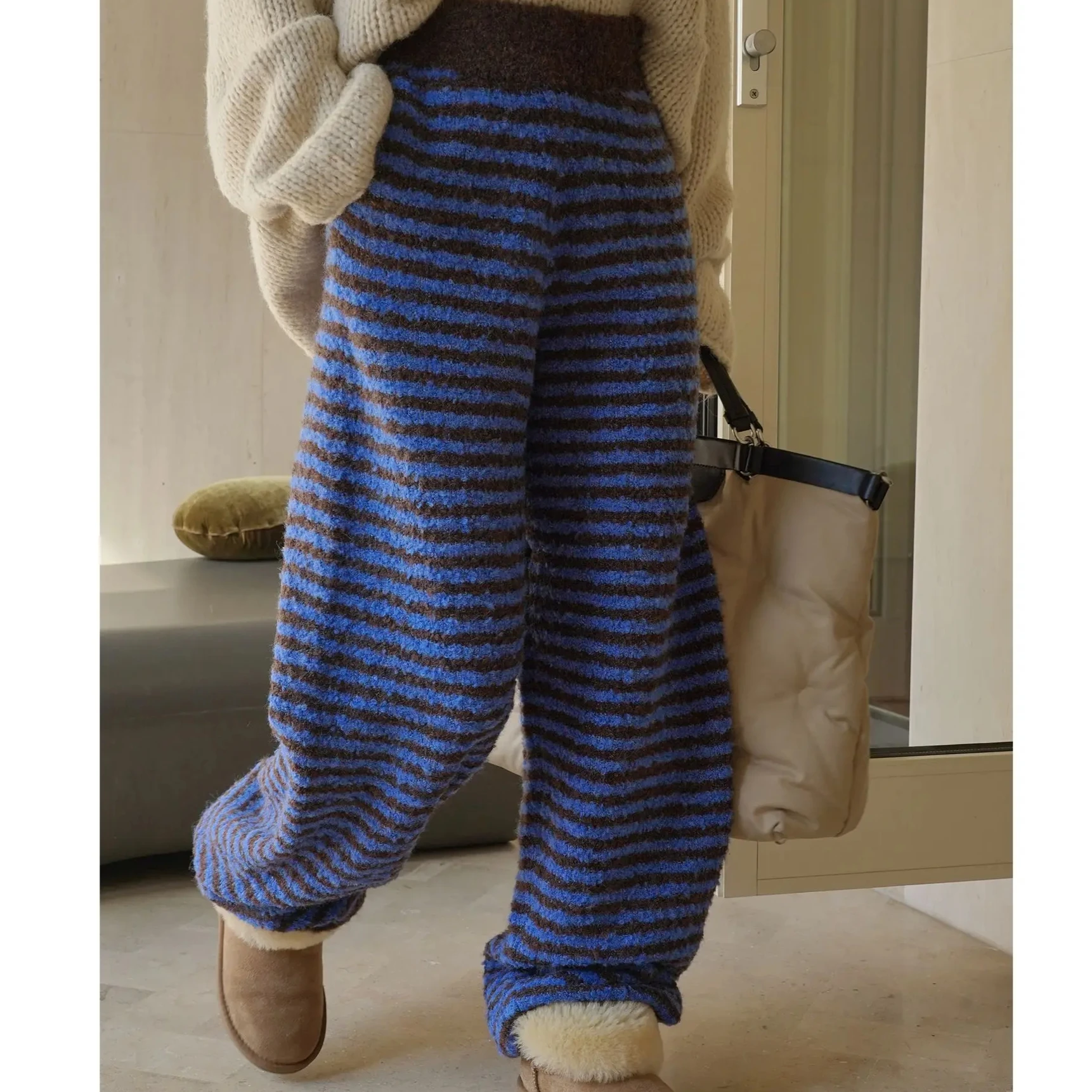 

Women Wide Leg Pants Striped Elastic Waist Long Pant Korean Loose Casual Autumn Thick Warm Trousers Splice Capris Maxi Winter