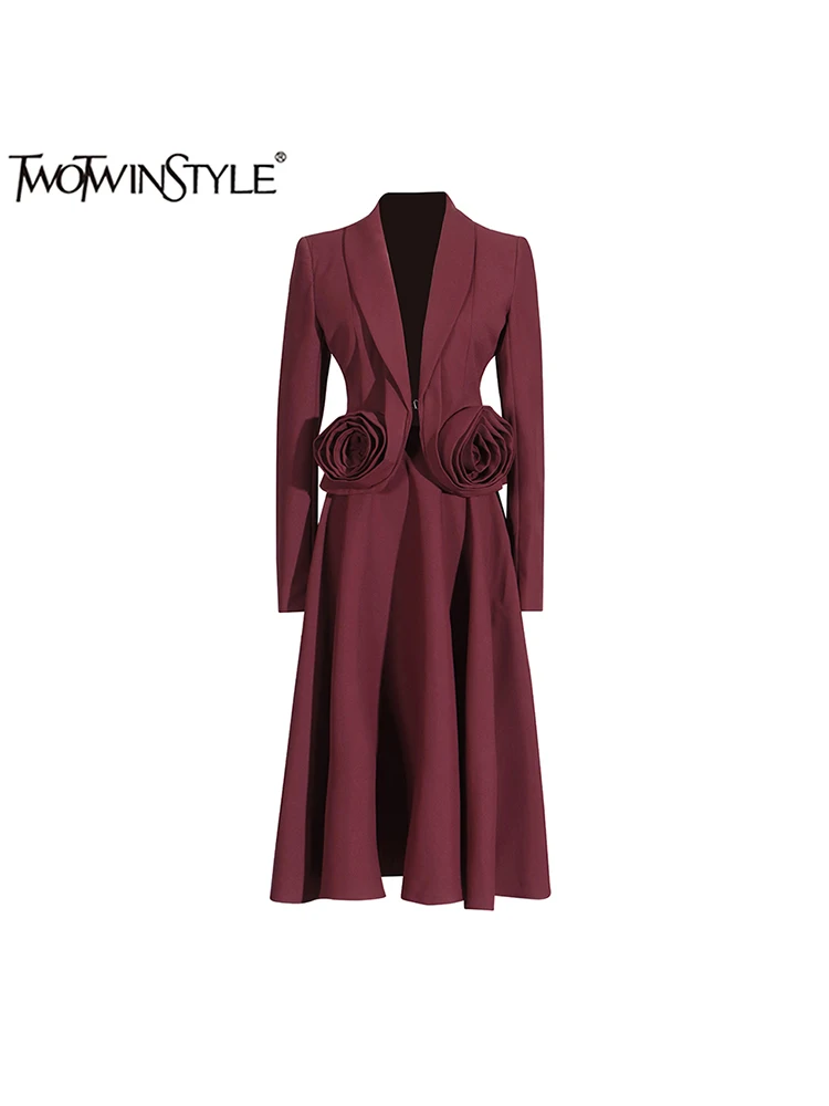 TWOTWINSTYLE Solid Burgundy Two Piece Set For Women Lapel Long Sleeve Spliced Appliques Coats High Waist A Line Skirt Set Female