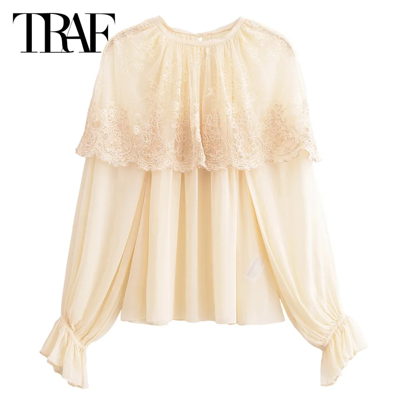 TRAF 2024 Woman Shirts & Blouses Cloak Blouse Long Sleeve Top Shirts O-Neck Light Yellow Shirts Pretty And Elegant Women Blouses