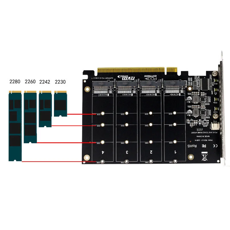 PCI-E 4 Port M.2 NVMe SSD to PCIE X16M Key Hard Drive Converter Disk Reader Expansion Hard Disk Card 4 x 32Gbps Transfer Speed