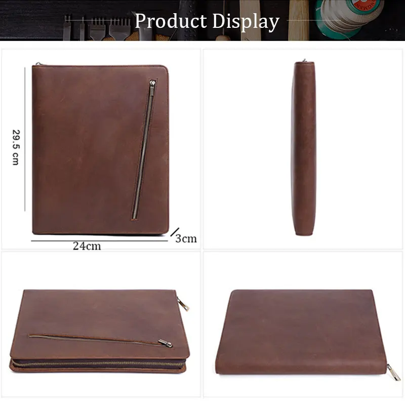 Padfolio with Zipper Genuine Leather Briefcase Portfolio Folder for Ipad Business Card Notebook Organizer File Package