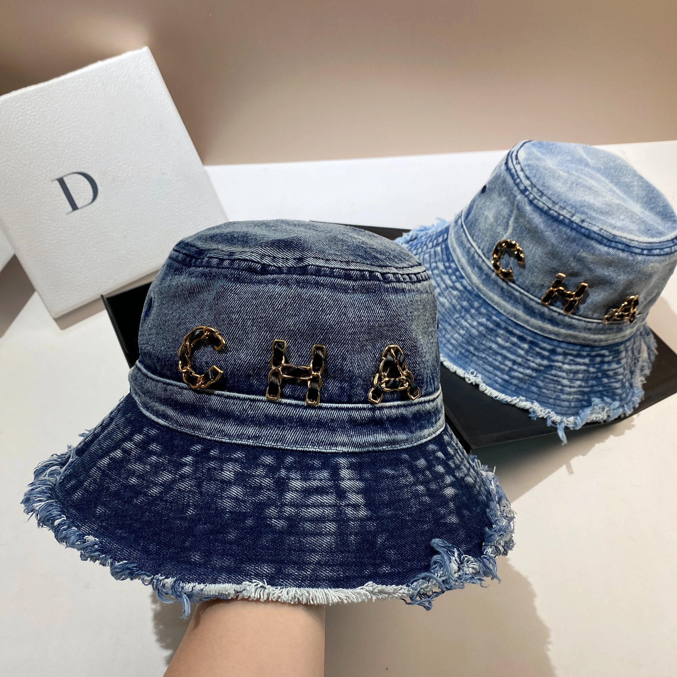 CHA letter washed denim fisherman hat fashion fringed large brim casual pot hat spring and summer travel visor hat