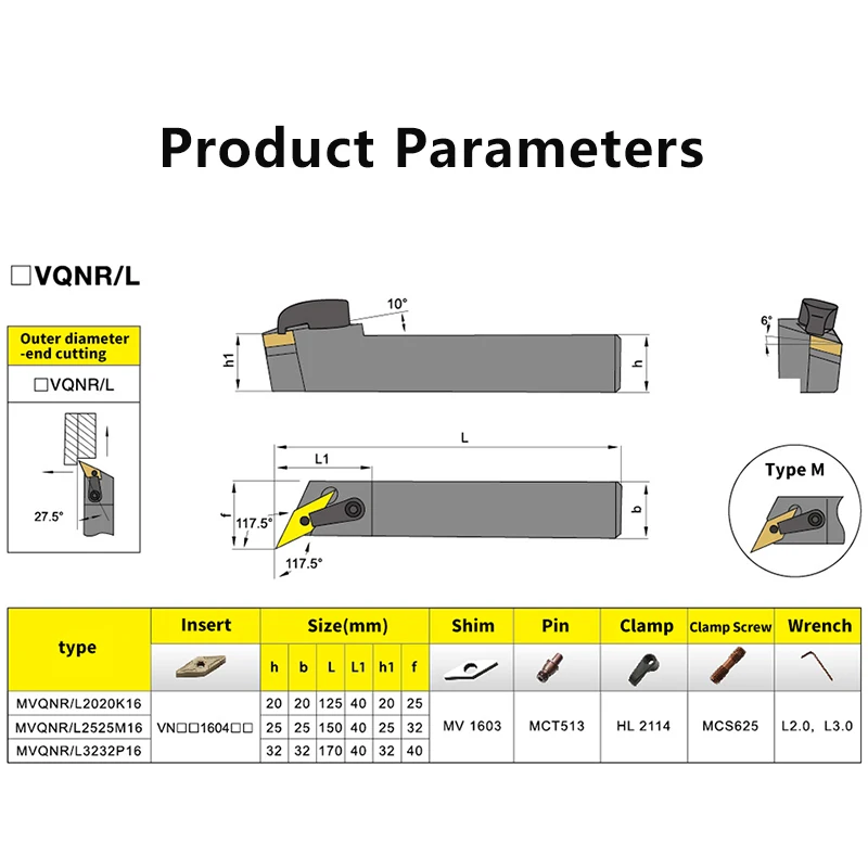 Soporte de torneado de barra de torno, herramienta de corte CNC, cortador, MVQNL1616, MVQNR2020, MVQNR2525, MVQNL3232