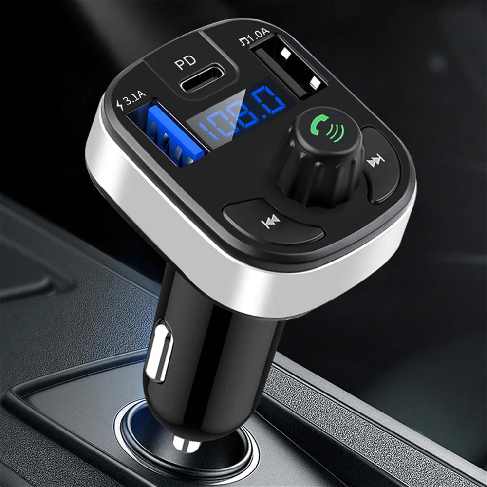 Car Bluetooth 5.0 FM Transmitter Dual USB PD Type C Fast Charge Car Charger Bluetooth Microphone Handsfree Kit Car FM Modulator