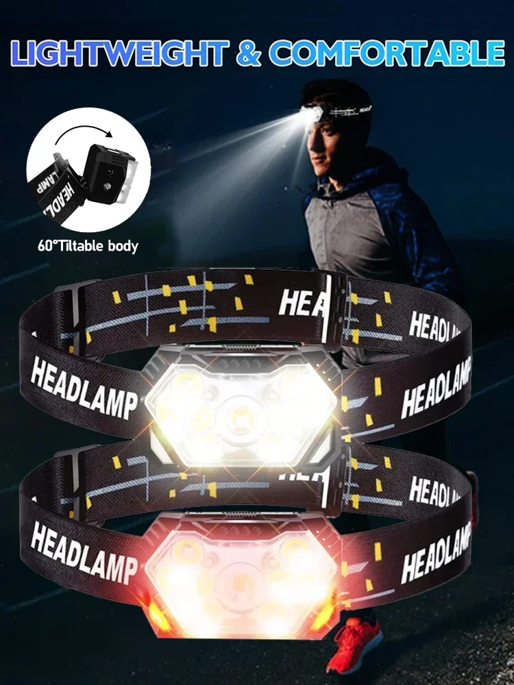 9-lampka czołowa LED o mocnym świetle, ładowana przez USB, reflektor z czujnikiem ruchu, przenośna, wędkarska, kempingowa, zewnętrzna latarka czołowa, latarka robocza — 2