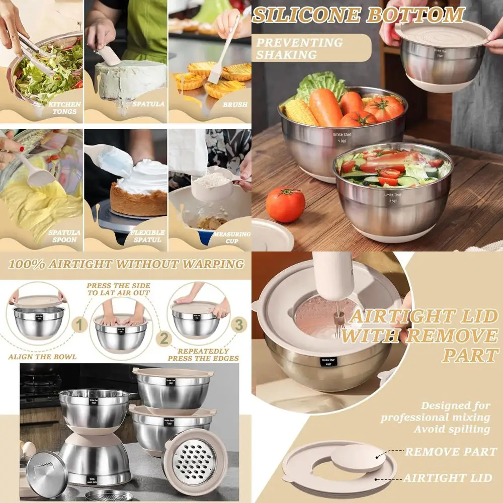 

Stainless Steel Mixing Bowl Set with Airtight Lids, 26-Piece, Khaki, Sizes 1.5 to 7 Quarts, Non-Slip Bases, Grater Included