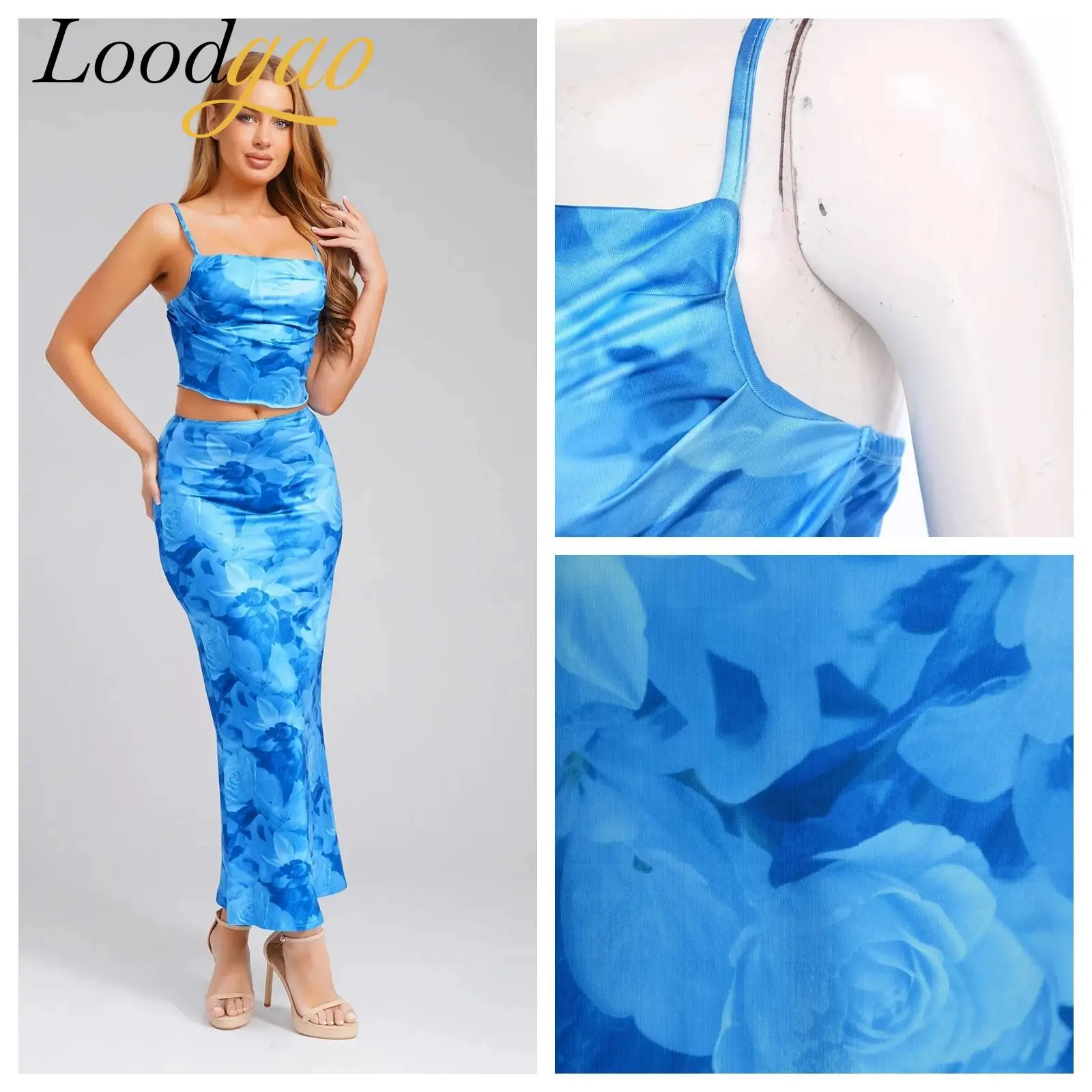 

Fashion Women Summer Outfit Hot Sleeveless Holiday Dress Sets Backless Floral Camis Tops with Hip Wrap Skirt Beach Sundress