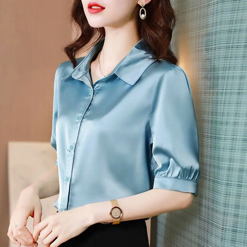 Casual Solid Color Solid Color Blouse Women Classic Short Sleeve Thin Office Polo Collar Career All-match Lady Chiffon Shirt