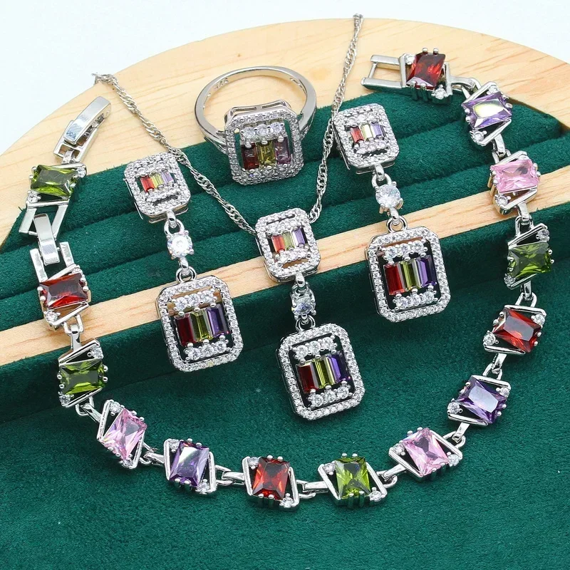 Geometric Multicolor Zircon Silver Color Jewelry Sets for Women Wedding Bracelet Earrings Necklace Pendant Ring  Gift