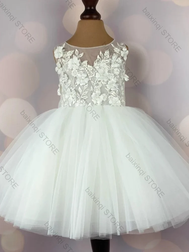 

Ivory Color Flower Girl Dress Elegant Tulle Bow Appliques Short Skirt Formal Occasion Wedding Birthday Ball Can Bespoke Gown