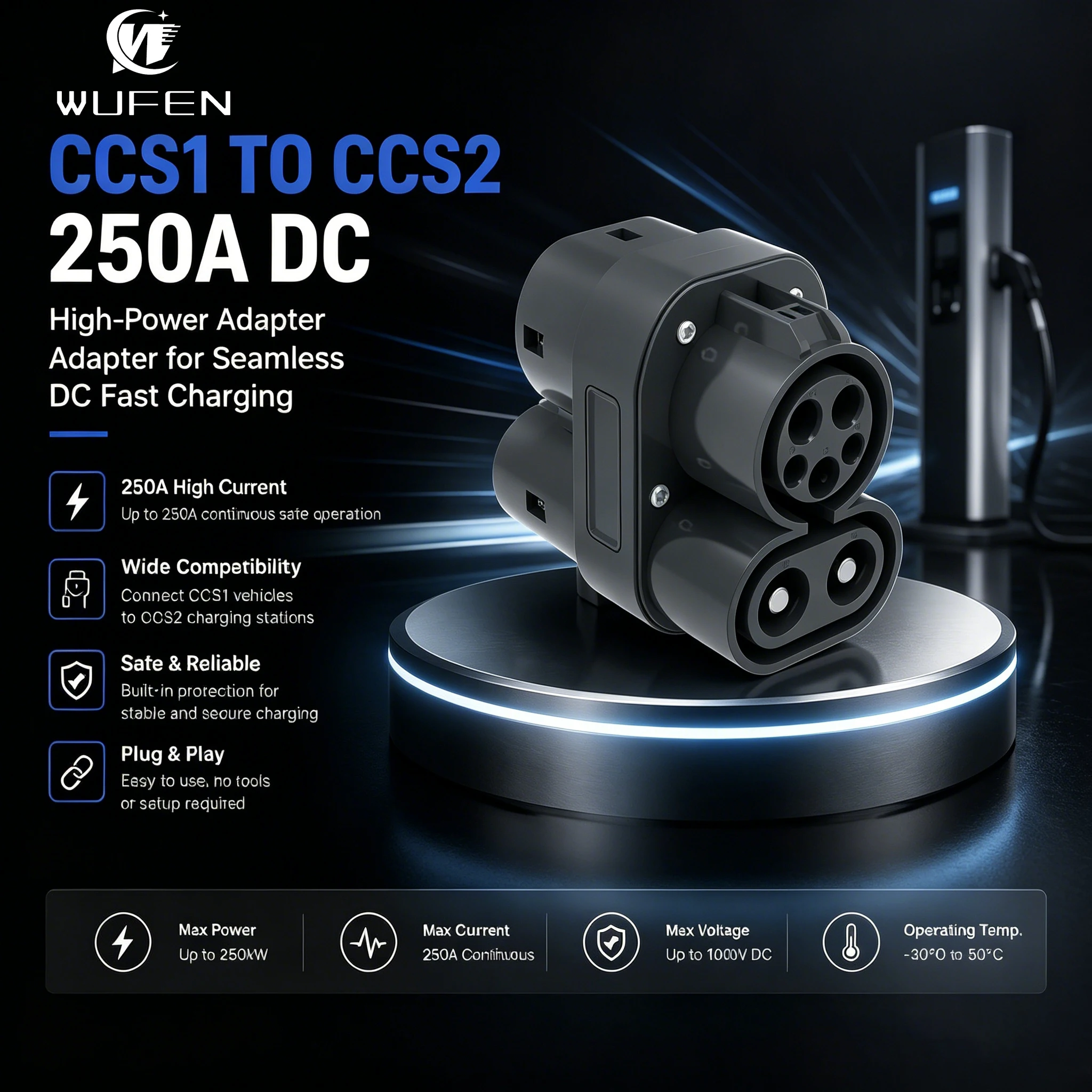 

WUFEN 250A 250KW CCS1 to CCS2 DC Fast Charging Adapter for EV Electric Vehicle Charging Stations