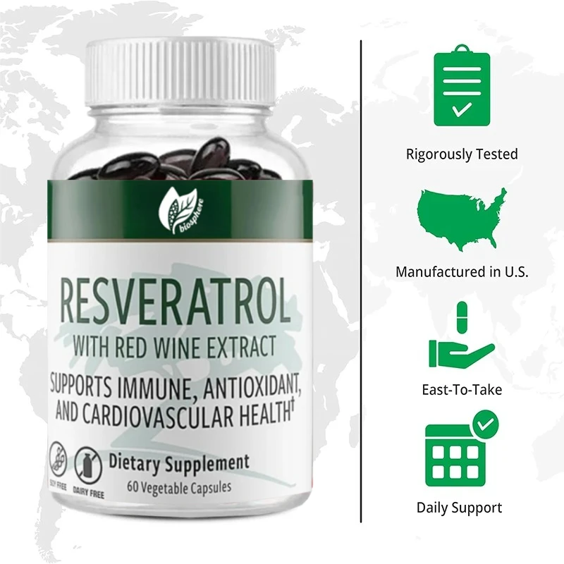 

Resveratrol, биоактивный антиоксидант, нашел в виноградных коже, используется для сердечно-сосудистой поддержки в 60 капсулах.