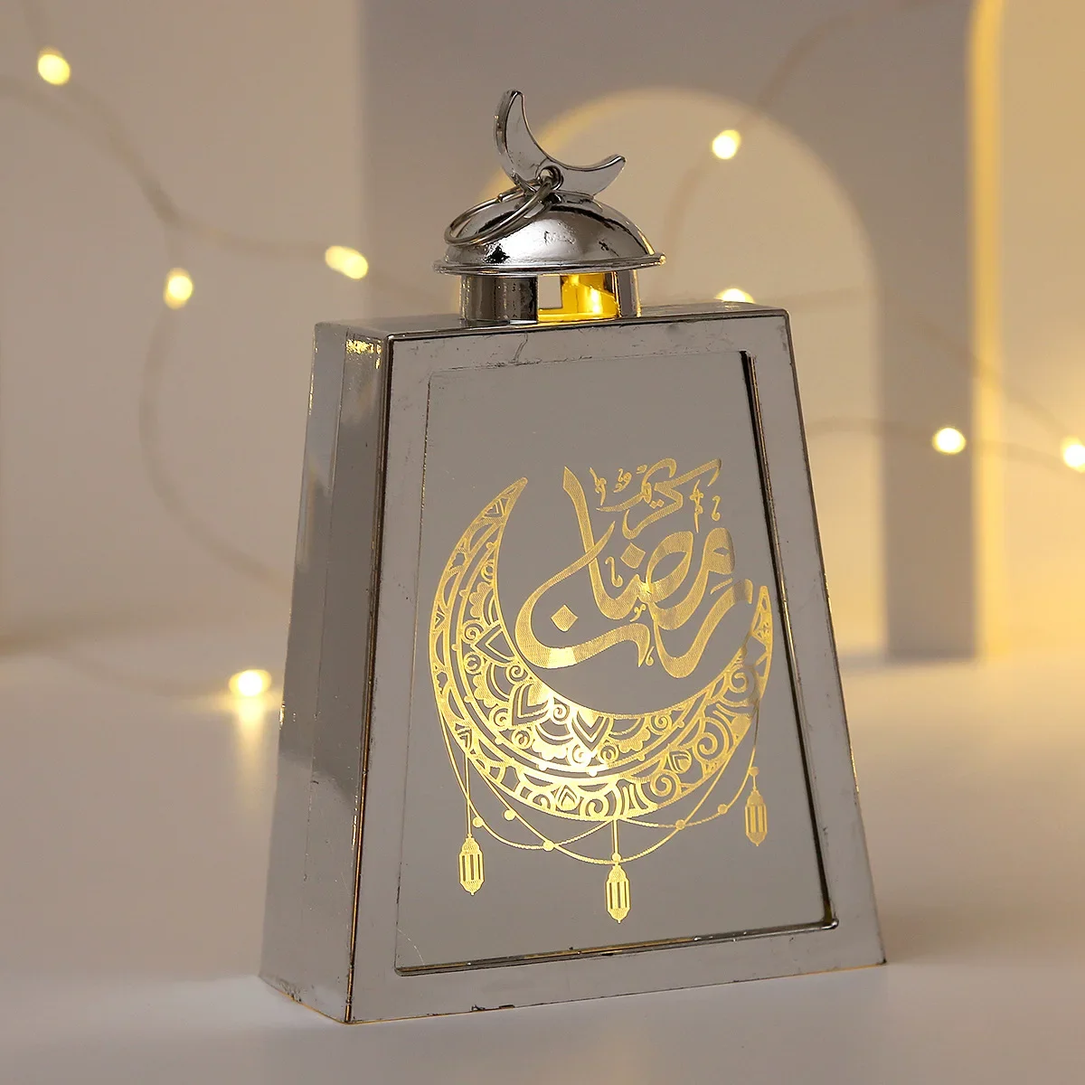 Ramadan led lanterna luzes eid mubarak presentes trapézio plástico decorações de vidro para casa mesa parede eid peças centrais decoração