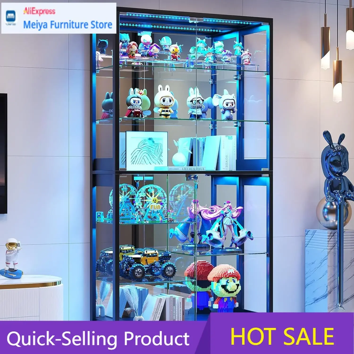 73 Inch Tall 8 Tier Smart Human Induction Remote Control RGB Lockable Glass Display Cabinet for Collectibles Figures Black