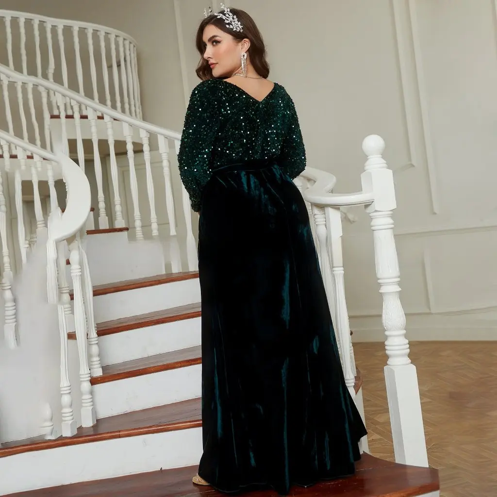 Plus Size Damen-Abendkleid aus goldenem Samt mit langen Ärmeln und Pailletten, Hochzeitskleid im europäischen und amerikanischen Stil