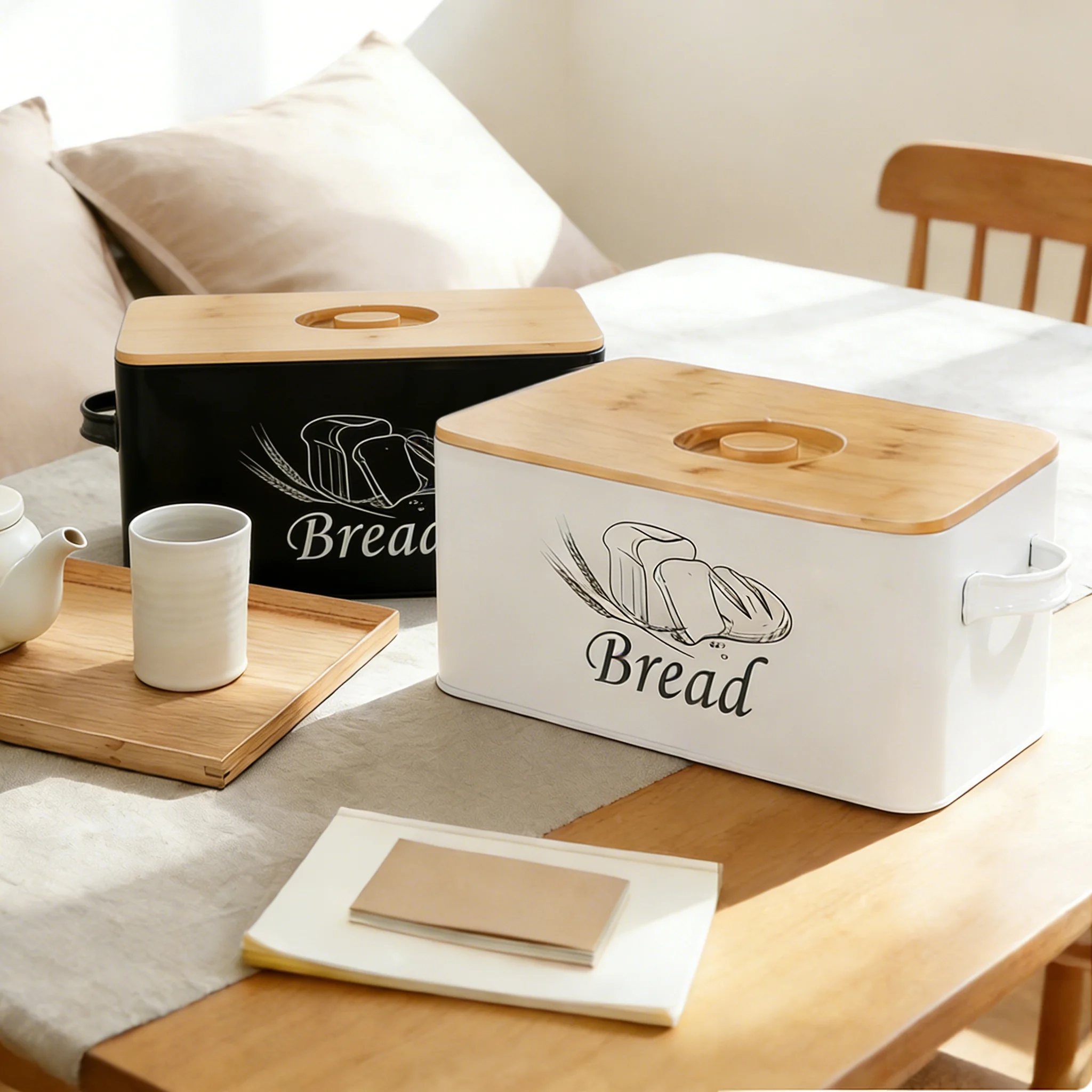 Large-capacity Metal Bread Box, Bread Container With Bamboo Lid, Kitchen And Outdoor Food Storage Container With Handle