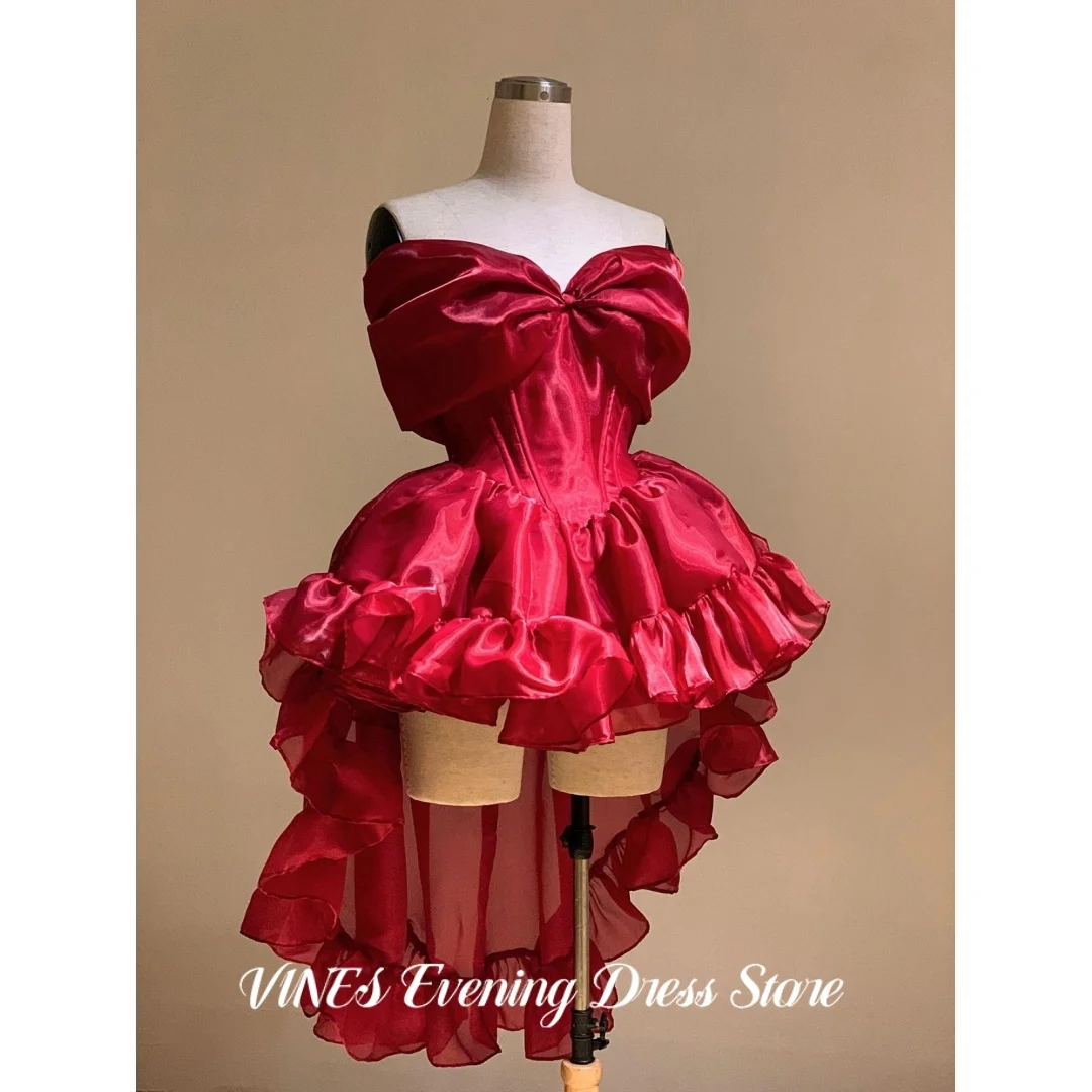 

VINES Glam Red Prom Dress Strapless Bow Organza Corset Ruffle High-Low Ball Gown Mini Evening Dress For Women Girls Customized