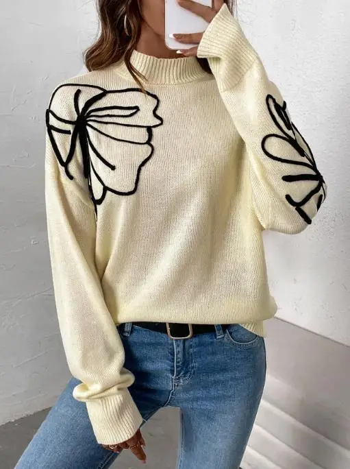 

2025 Autumn/Winter New Fashionable and Casual Versatile Women's Half High Collar Flower Pattern Sweater