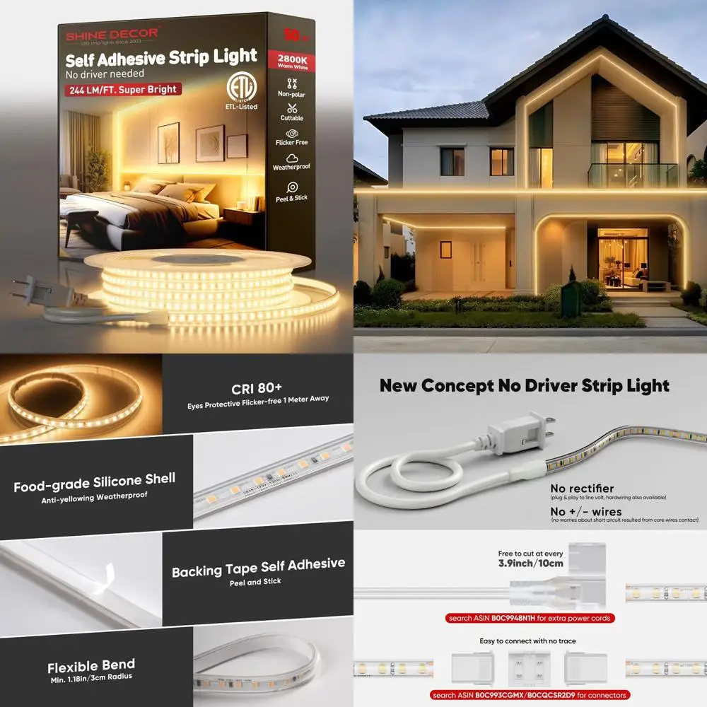 

Суперяркая светодиодная лента 50 футов, 12000 лм, 120 В Plug & Play, защита от атмосферных воздействий, простая проводка, без мерцания, можно разрезать на 3,9, теплый белый, инд.